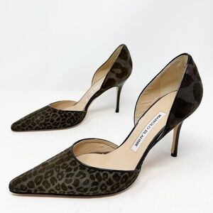 Manolo Blahnik Leopard Print Suede D’Orsay Pointed Toe Pumps Size 38
